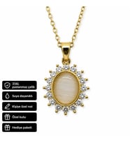 Gold Renk Oval Taşlı 316L Çelik Kolye Kadın Hediye Şık Tasarım