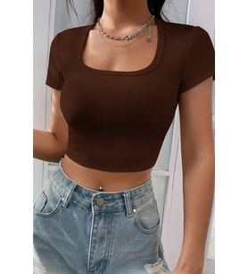 Kadın Kahverengi Yarım Kol Düz Yaka Crop Top Bluz