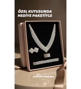 Özel Kutusunda Hediye Paketiyle Areti Gümüş Kaplama  Takı Seti Kolye Küpe Hediye Set Düğün Nişan Söz Nikah Takı Seti (Beyaz Gümüş)