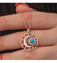 Gümüş Rose Opal Mavi Taşlı Ay Güneş Kadın Kolye