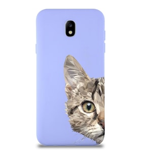 Samsung Galaxy J7 Pro Uyumlu Lansman Kılıf Catface Tasarımlı İçi Kadife Kapak-Lila (Şeffaf)