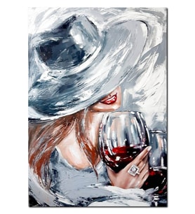 Ahşap Tablo Şarap Içen Gri Şapkalı Kadın 35x50 cm Boyut