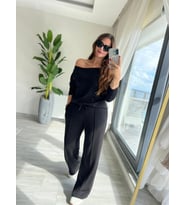 Kadın Uzun Kollu Tek Omuzdan Açık Modal Bluz Ve Pantolon Ikili Takım (Siyah)