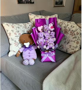 Premium Lila kostümlü Peluş Ayıcık Buketi ve Lila elbiseli peluş büyük boy ayı hediyelik set - Sevgiliye, arkadaşa,, doğum gününe, Yeni Doğana Özel gün Hediyesi