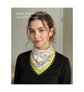 Tarzını Seç Çiçek Desenli Model Dekoratif Kenar Tasarımlı Fular 48x48 cm