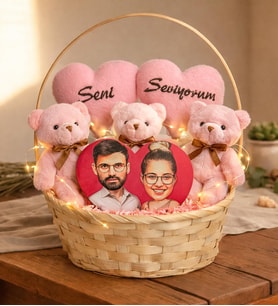 Sevgililer Gününe Özel Seni Seviyorum Tasarımlı Pembe Peluş Ayıcık Karikatür Sepeti