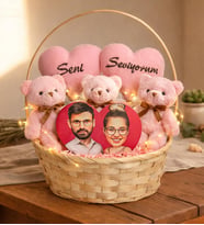 Sevgililer Gününe Özel Seni Seviyorum Tasarımlı Pembe Peluş Ayıcık Karikatür Sepeti