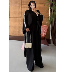 kadın siyah şerit detaylı oversize tunik pantolon ikili tesettür takım NMS102