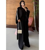 kadın siyah şerit detaylı oversize tunik pantolon ikili tesettür takım NMS102
