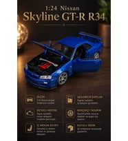 1:24 Ölçek Skyline GT-R R34 Mavi Diecast Model Araba - Açılabilir Kapı ve Kaput
