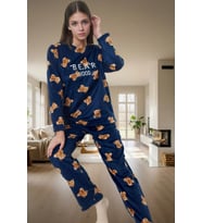Rahat Kışlık Pijama Takımı Polar Kumaş Ayıcıklı Desen Boru Paça Seçkin Malzeme Zarifane Tasarım (Lacivert)