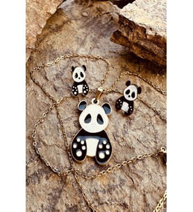 Patili Panda Siyah Beyaz Mineli Altın Renk Paslanmaz Çelik Çocuk Küpe Kolye Set
