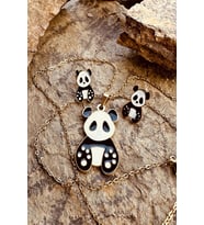 Patili Panda Siyah Beyaz Mineli Altın Renk Paslanmaz Çelik Çocuk Küpe Kolye Set