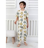 Erkek Çocuk %100 Pamuk Baskılı Pijama Takımı – Kısa Kollu, Sevimli Desenler (Bej)
