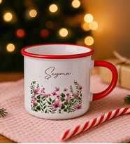 BK Gift Kişiye Özel Çiçek Tasarımlı Kırmızı Emaye Kupa Bardak -5, Arkadaşa Hediye, Sevgiliye Hediye