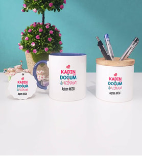 Kadın Doğum Uzmanı Kupa Bardak Lacivert Kalemlik ve Anahtarlık