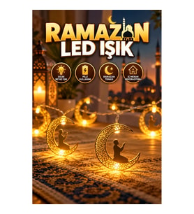 Gold Ay Formlu Secde Eden Adam Silüetli Pilli LED Ramazan Dekor Işığı