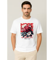 Erkek - Kadın %100 Pamuk Hope Gül Desenli Baskılı Yarım Kollu Bisiklet Yaka T-Shirt (Beyaz)