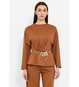Modatalika Kadın Beli Kemerli Bluz Pantolon İkili Takım (Kahverengi)