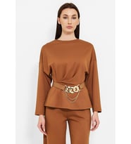 Modatalika Kadın Beli Kemerli Bluz Pantolon İkili Takım (Kahverengi)