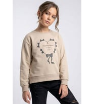 Breeze Kız Çocuk Sweatshirt Simli Kurdeleli Kalp Baskılı 9-14 Yaş, Bej