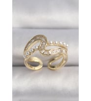 Pirinç Gold Renk Zirkon Taşlı İnci Detay VIP Seri Kadın Yüzük 5886