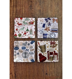 Doğal Taş Bardak Altlığı Yeni Yıl - Yılbaşı Uv Baskılı 4'lü Set -christimas Stone Coasters