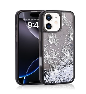 iPhone 12 - 12 Pro Kılıf Sıvılı Simli Kelebek Baskılı Şeffaf Arka Yüzey Glis Silikon Kılıf (Siyah)