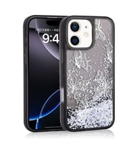 iPhone 12 - 12 Pro Kılıf Sıvılı Simli Kelebek Baskılı Şeffaf Arka Yüzey Glis Silikon Kılıf (Siyah)