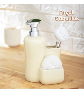  Porsima 277745 Tezgah Üstü Krem Sıvı Sabunluk Fırçalı Süngerlikli Sabunluk (550ml) 20cm 