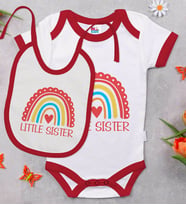 BK Kids Little Sister Tasarımlı Kırmızı Bebek Body Zıbın ve Mama Önlüğü Hediye Seti-1
