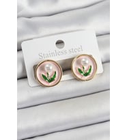 Pirinç Pembe Mineli Lale Figürlü Sanatsal Portre Model Gold Renk Kadın Küpe - Tj-Bkp10674