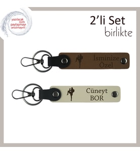 Dövüş Ruhunu Taşıyan Kardeşe Hediye, 2’li İsim Yazılabilir Deri Anahtarlık Seti, Açık Kahve-S Kahve (Çok Renkli)