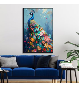 Yağlı Boya Dokulu Tablo Modern Renkli Tavus Kuşu Siyah Çerçeveli U04033