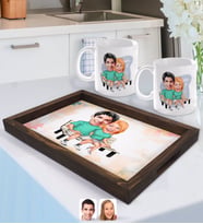 BK Gift Kişiye Özel Sevgililer Karikatürlü Doğal Ahşap Tepsi ve 2’li Kupa Bardak Seti-55