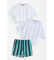 3'lü Crop Kısa  Kol ve Yarasa Kol Tshirt  Şort Takım