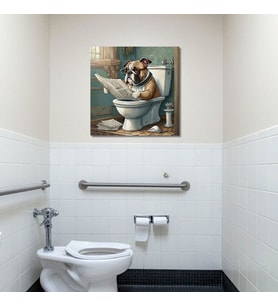 Tekli Kare Kanvas Banyo Tablosu Gazete Okuyan Bulldog Köpek