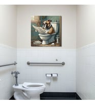 Tekli Kare Kanvas Banyo Tablosu Gazete Okuyan Bulldog Köpek