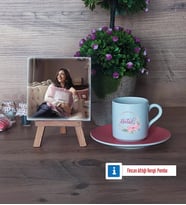 İsme Özel İsim Yazılı Fotoğraflı Dekoratif Taş, Ahşap Altlıklı Türk Kahvesi Fincanı Hediye (Model 6)