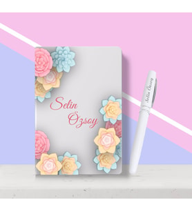 BK Gift Kişiye Özel Çiçek Desenli Beyaz Defter Kalem Seti-2