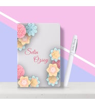 BK Gift Kişiye Özel Çiçek Desenli Beyaz Defter Kalem Seti-2