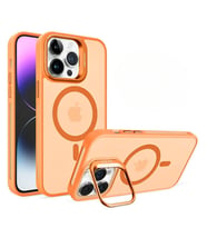 Apple iPhone 15 Plus Uyumlu Magsafe Stantlı Premium Kılıf Lens Hediye (Turuncu)