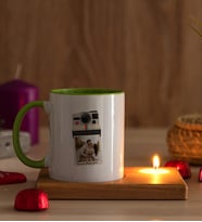 Kişye Özel Polaroid Tasarım Fotoğraflı Ahşap Altlıklı Mumlu Yeşil Kupa