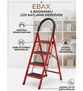 Lüx 4 Basamaklı Katlanır Ev ve Ofis Merdiveni - Sağlam Metal Gövde, Geniş Kaymaz Mat Basamaklı Taşınabilir Portatif Merdiven
