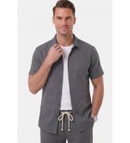 DeepSEA Füme Slim Fit Çizgi Dokulu Keten Görünümlü Kısa Kol Erkek Spor Gömlek 2602648