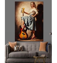 Gitar Tutan Şık Pin-Up Kadın Dekoratif Kanvas - Mdf Ahşap Tablo