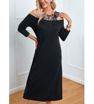 Kadın Uzun Kollu Yaka önü Güpürlü Madonna Yaka Viskon Midi Boy Elbise (Siyah)