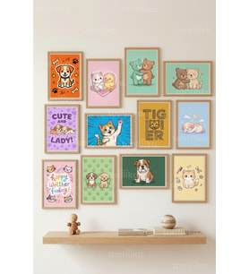 12 Parça Cute Animals Çizim 2 Renk Seçenekli Çerçeve Görünümlü Tablo Seti