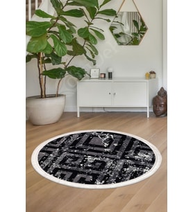 Dijidekor Halı Siyah Cool K1320 Saçaklı Yuvarlak Kesme İnce Yolluk Kilim Salon Halısı Modelleri (Açık Gri - Siyah)