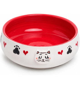 Lüks Seramik Mama Kabı Pati Kedi Köpek Kalp Desen Kabartmalı Doğal Renkli Kedi ve Köpek Yemek Su Kasesi, Devrilmez Premium Dekoratif Porselen Yapı 1 Adet Tekli (KIRMIZI)
